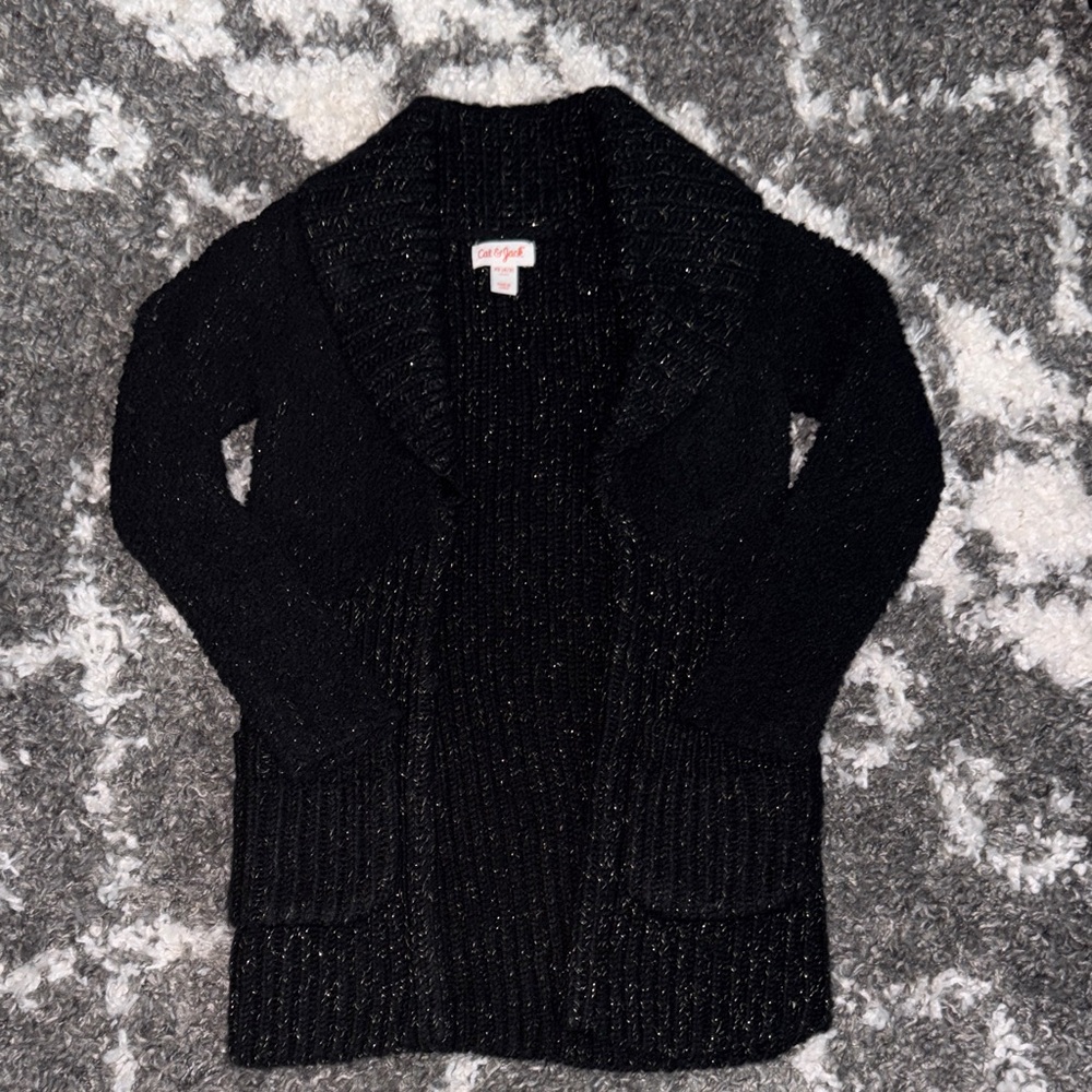 NWOT Cat & Jack Girls Cozy Black Sparkly Knitted Fleece Long Sweater Cardigan XS